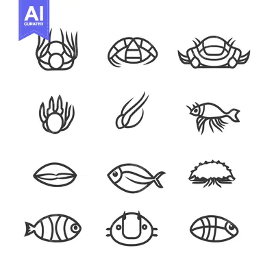 Set of Line Icons Representing Marine Life and Underwater Creatures