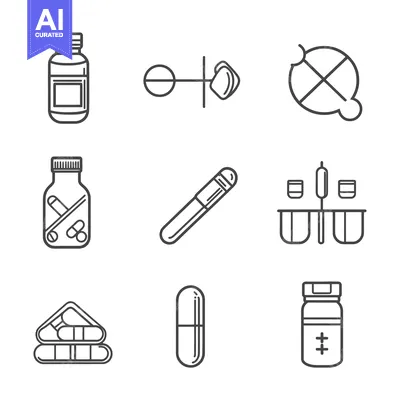 Set of Line Icons Representing Medical Supplements and Drugs