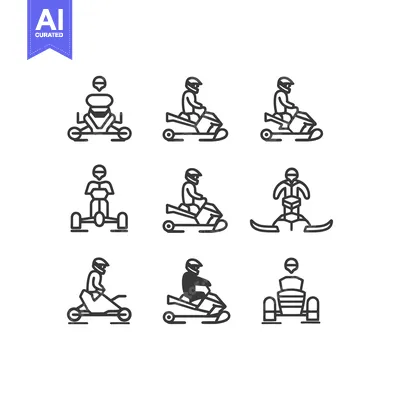 Aset desain premium: Set of Line Icons Representing People on Snowmobiles and Go-Karts