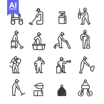 Aset desain premium: Set of Line Icons Representing People Performing Different Cleaning Ta