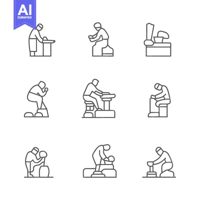Aset premium populer: Set of line icons representing potters working with clay
