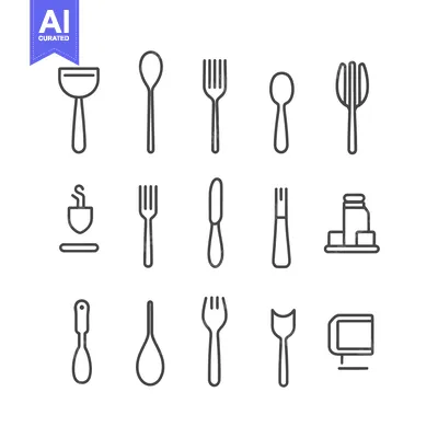 Set of  Line Icons Representing Utensils and Food Items