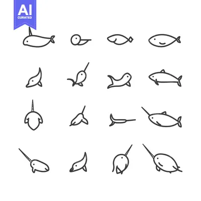 Aset desain premium: Set of Line Icons Representing Various Aquatic Animals
