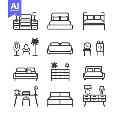 Set of Line Icons Representing Various Bedroom and Home Furnishings