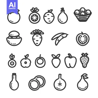 Set of Line Icons Representing Various Fruits and Vegetables