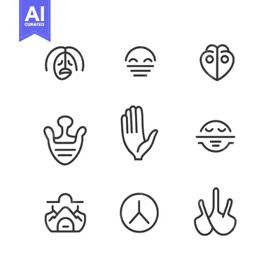 Aset desain premium: Set of line icons representing various hand gestures and facial expres