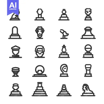 Aset premium populer: Set of line icons representing various statues and monuments