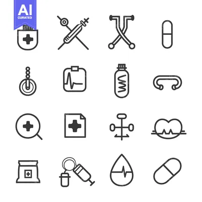 Set of Medical Icons with Cross, Heartbeat, Pills, and Syringe