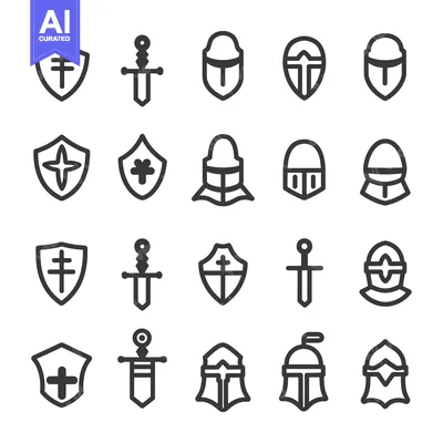 Aset desain premium: Set of Medieval Knight and Warrior Icons in Black and White