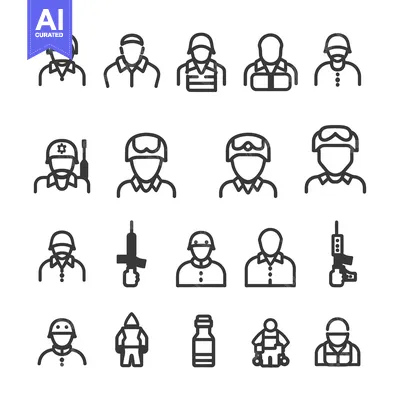 Aset desain premium: Set of Military and Army Soldier Icons in Outline Style