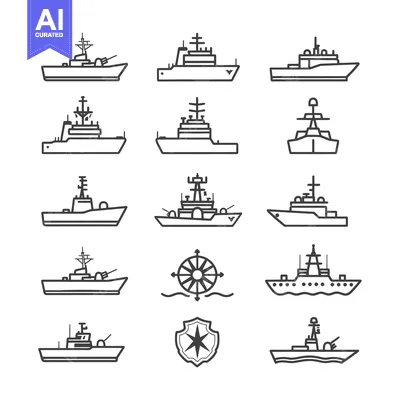 Aset desain premium: Set of Military Ships Line Icons