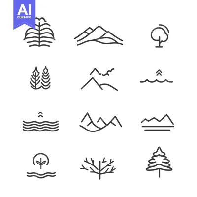 Premium design asset: Set of Minimalist Nature Icons with Mountains, Trees, and Water