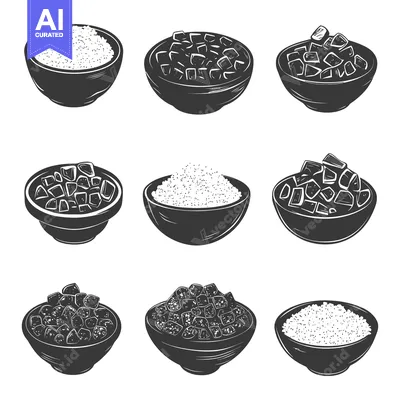 Aset premium populer: Set of monochrome illustrations of bowls filled with rice and sugar cu