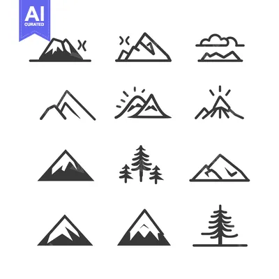 Premium design asset: Set of Mountain and Forest Icons in Black and White