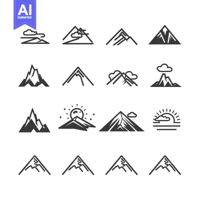 Set of Mountain and Peak Line Icons for Nature and Travel Design
