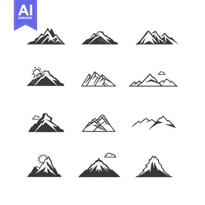 Aset premium populer: Set of Mountain Icons with Sun and Clouds