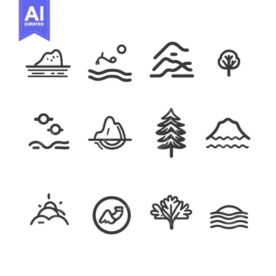 Popular premium asset: Set of Mountain, Tree, and Water Line Icons