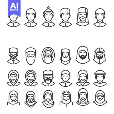 Aset desain premium: Set of Muslim Men and Women Head Icons in Outline Style