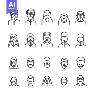 Aset desain premium: Set of Muslim Men Avatar Icons with Various Headwear and Facial Featur