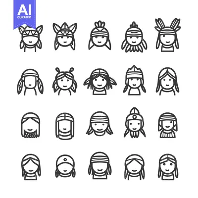 Aset desain premium: Set of Native American Female Head Icons with Various Hairstyles and H
