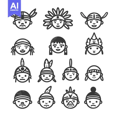 Set of Native American Head Icons in Different Headwear