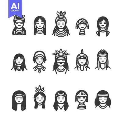 Set of Native American Women's Faces with Traditional Headwear