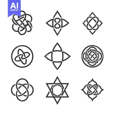 Set of Nine Abstract Black and White Knotted Design Elements