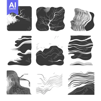 Aset premium populer: Set of Nine Abstract Black and White Shapes with Curving Lines and Pat