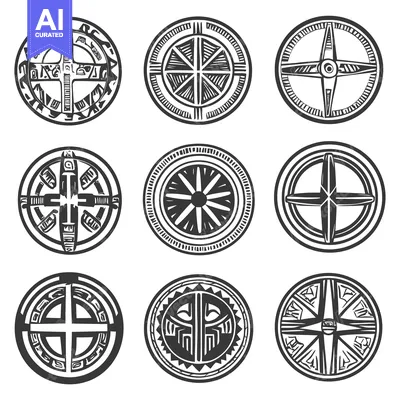 Aset desain premium: Set of Nine Abstract Circular Tribal Symbols