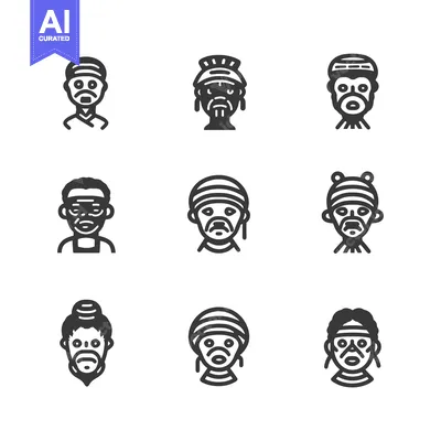 Aset desain premium: Set of Nine African Traditional Masks in Black and White