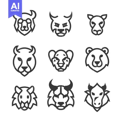 Set of Nine Animal Head Icons in Line Art Style