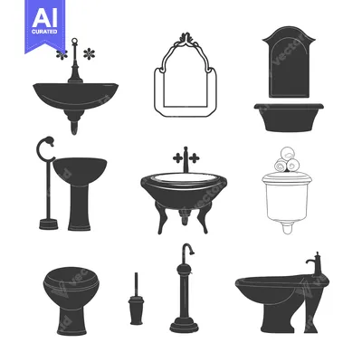 Set of nine bathroom fixtures in black silhouette