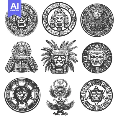 Set of Nine Black and White Aztec Masks and Symbols