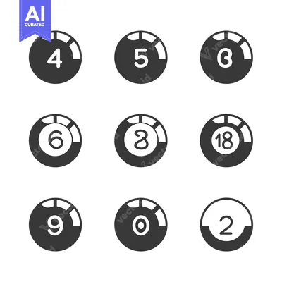 Set of nine black and white billiard balls with numbers