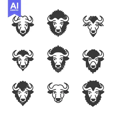 Premium design asset: Set of Nine Black and White Buffalo Head Icons