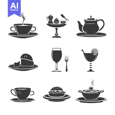 Set of Nine Black and White Food and Drink Icons