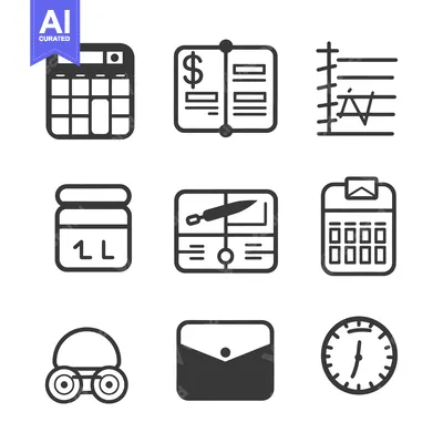 Set of Nine Black and White Icons Depicting Business and Financial Con