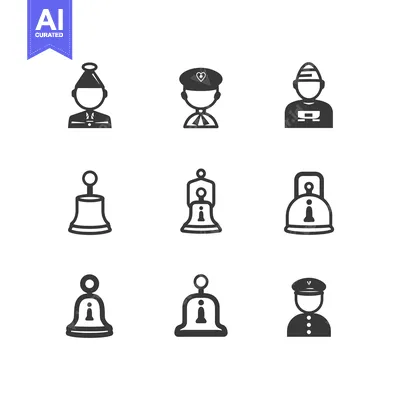 Set of Nine Black and White Icons Depicting People Wearing Hats and Be