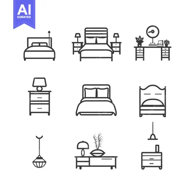 Set of Nine Black and White Line Drawings of Bedroom Furniture