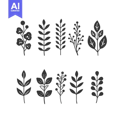 Set of nine black and white minimalist floral illustrations