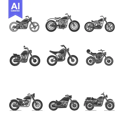 Set of nine black and white motorcycle silhouettes