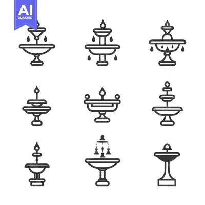 Aset desain premium: Set of Nine Black and White Outline Fountain Icons