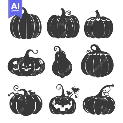 Set of nine black and white pumpkin silhouettes in different poses