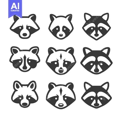 Set of Nine Black and White Raccoon Face Icons