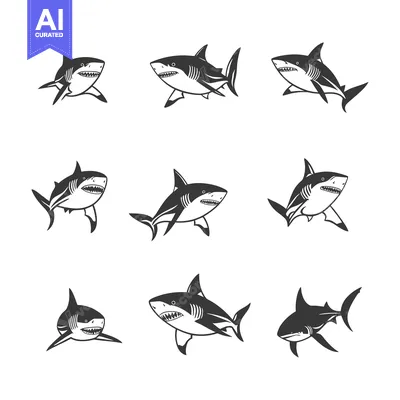 Set of Nine Black and White Shark Silhouettes