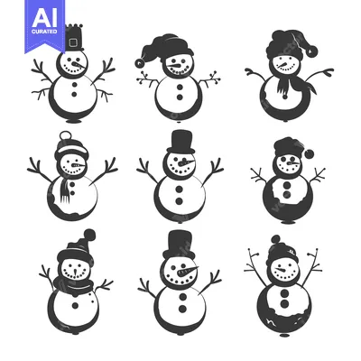 Set of nine black and white silhouette snowmen with various hats