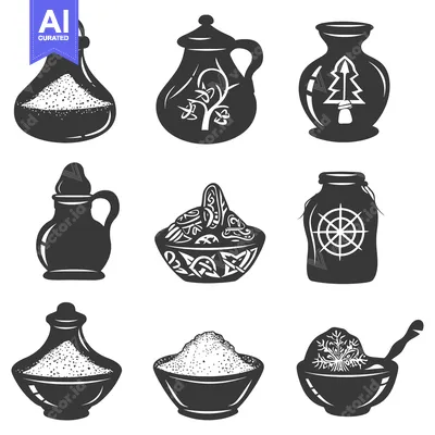 Popular premium asset: Set of Nine Black and White Silhouettes of Containers with Powder and