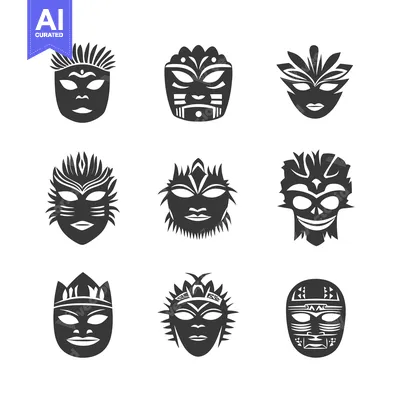 Set of nine black and white stylized tribal masks