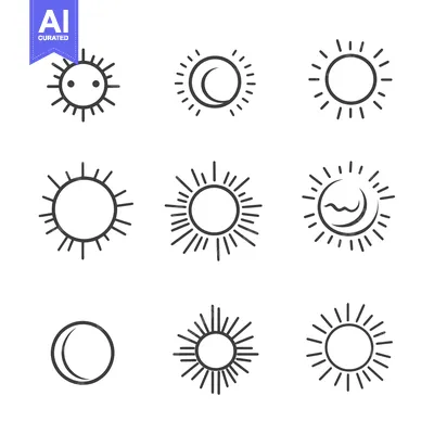 Set of nine black and white sun and moon icons with different styles