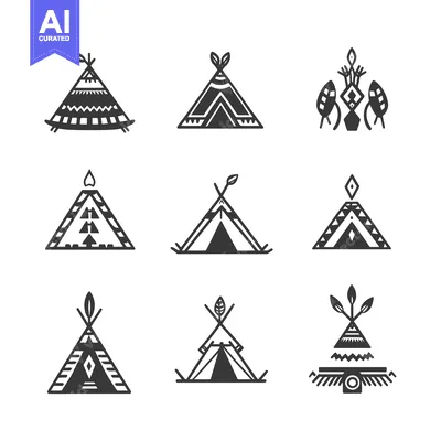 Set of Nine Black and White Tent Icons with Geometric Patterns